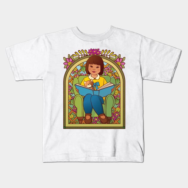 Girl Reading to Cat Kids T-Shirt by Sue Cervenka